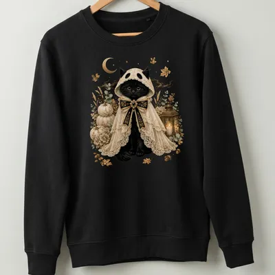 Black cat in ghost costume with vintage gothic style in cream, gold, orange, and green — printed on a unisex sweatshirt