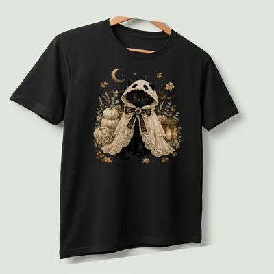 Black cat in ghost costume with vintage gothic style in cream, gold, orange, and green — printed on a unisex t-shirt (angled view)