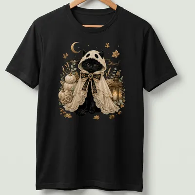 Black cat in ghost costume with vintage gothic style in cream, gold, orange, and green