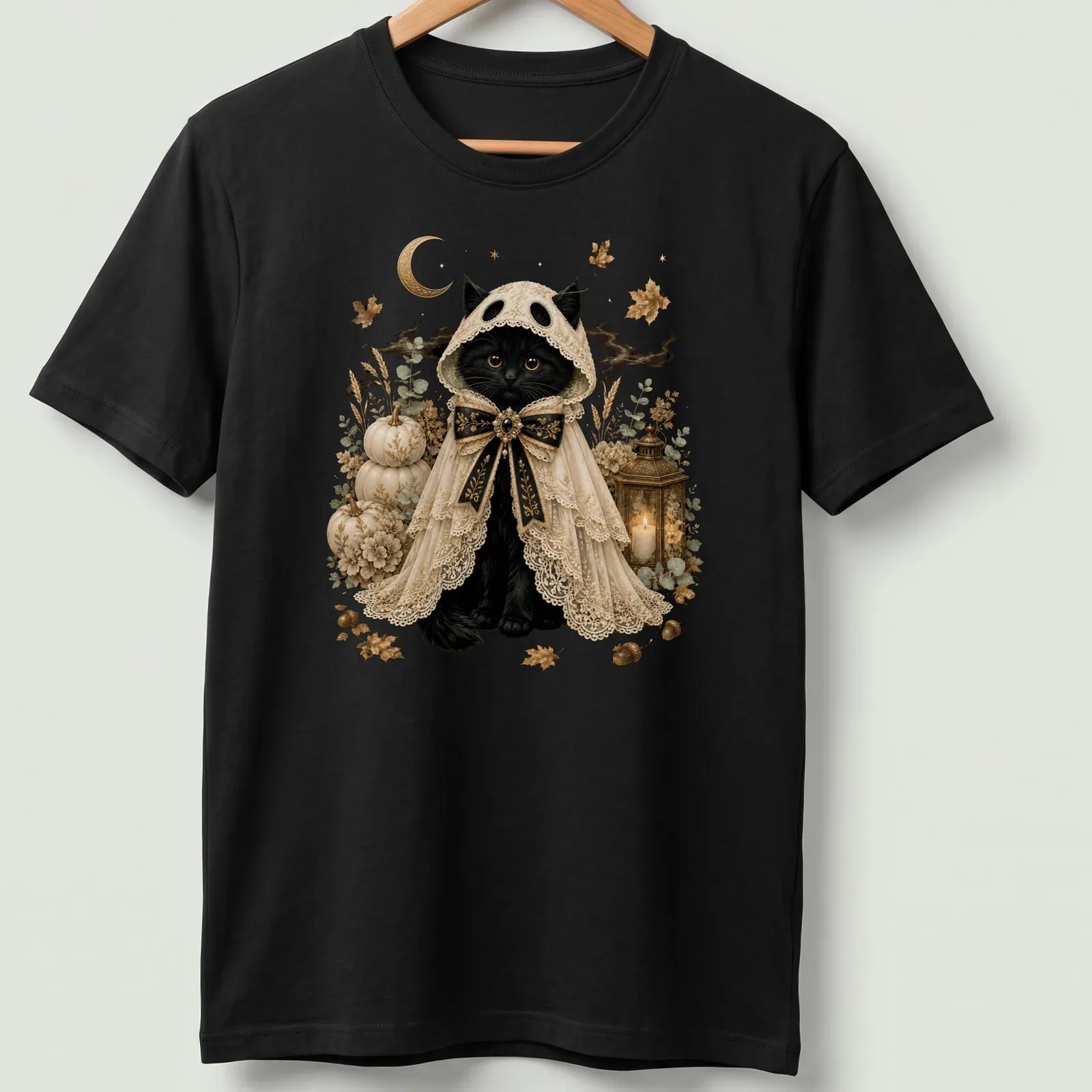 Black cat in ghost costume with vintage gothic style in cream, gold, orange, and green — printed on a unisex t-shirt