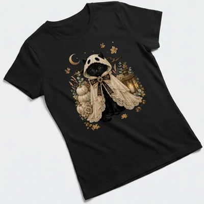 Black cat in ghost costume with vintage gothic style in cream, gold, orange, and green — printed on a women's shirt