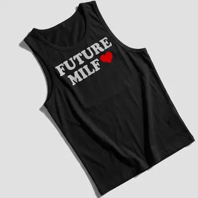 Bold typography Future Milf T-shirt with playful heart design in white and red — printed on a tank top