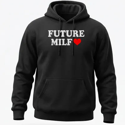 Bold typography Future Milf T-shirt with playful heart design in white and red — printed on a unisex hoodie