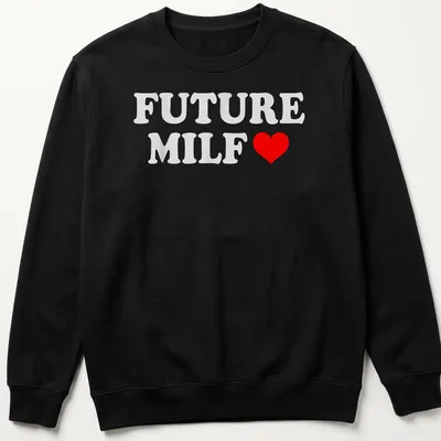 Bold typography Future Milf T-shirt with playful heart design in white and red — printed on a unisex sweatshirt