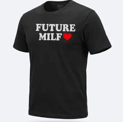 Bold typography Future Milf T-shirt with playful heart design in white and red