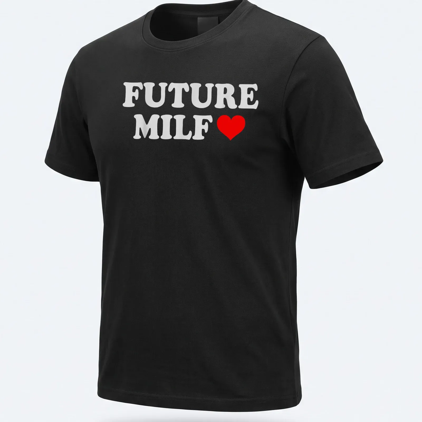 Bold typography Future Milf T-shirt with playful heart design in white and red — printed on a unisex t-shirt