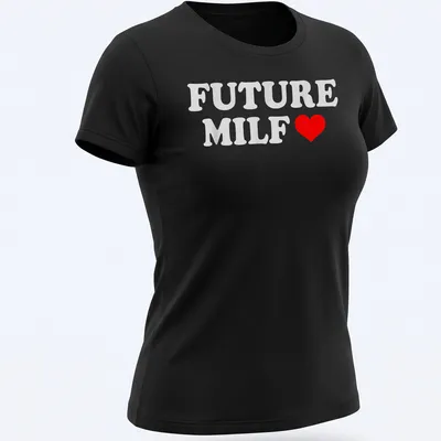 Bold typography Future Milf T-shirt with playful heart design in white and red — printed on a women's shirt