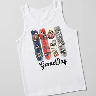 Watercolor print featuring GameDay and football elements in red, blue, cream, black, and brown — printed on a tank top