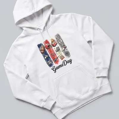 Watercolor print featuring GameDay and football elements in red, blue, cream, black, and brown — printed on a unisex hoodie