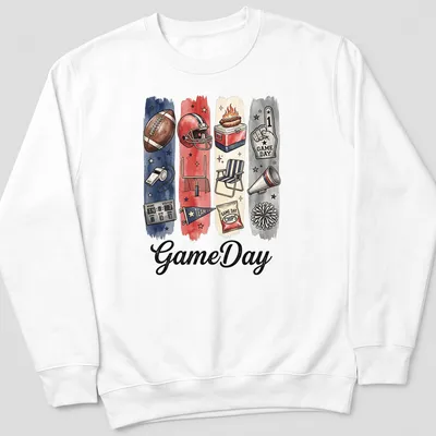 Watercolor print featuring GameDay and football elements in red, blue, cream, black, and brown — printed on a unisex sweatshirt