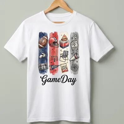Watercolor print featuring GameDay and football elements in red, blue, cream, black, and brown