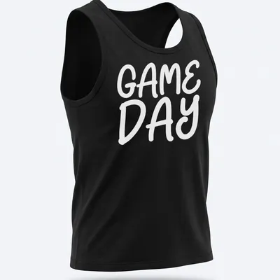 Bold graphic t-shirt for sports moms featuring basketball and soccer themes — printed on a tank top