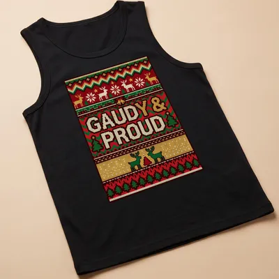 Christmas sweater pattern t-shirt featuring reindeer and trees with gaudy text — printed on a tank top