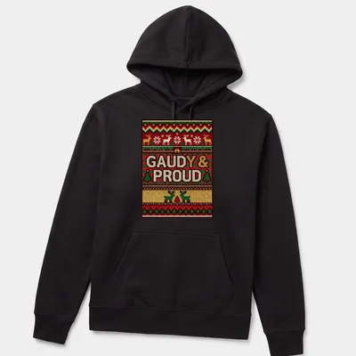 Christmas sweater pattern t-shirt featuring reindeer and trees with gaudy text — printed on a unisex hoodie