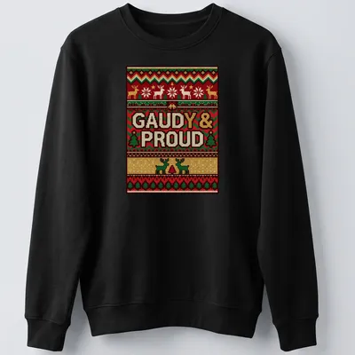 Christmas sweater pattern t-shirt featuring reindeer and trees with gaudy text — printed on a unisex sweatshirt