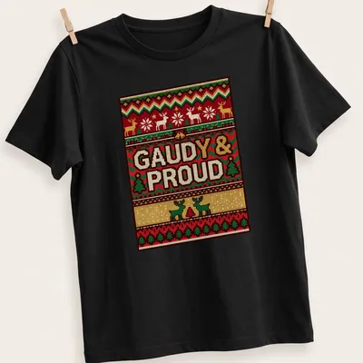 Christmas sweater pattern t-shirt featuring reindeer and trees with gaudy text
