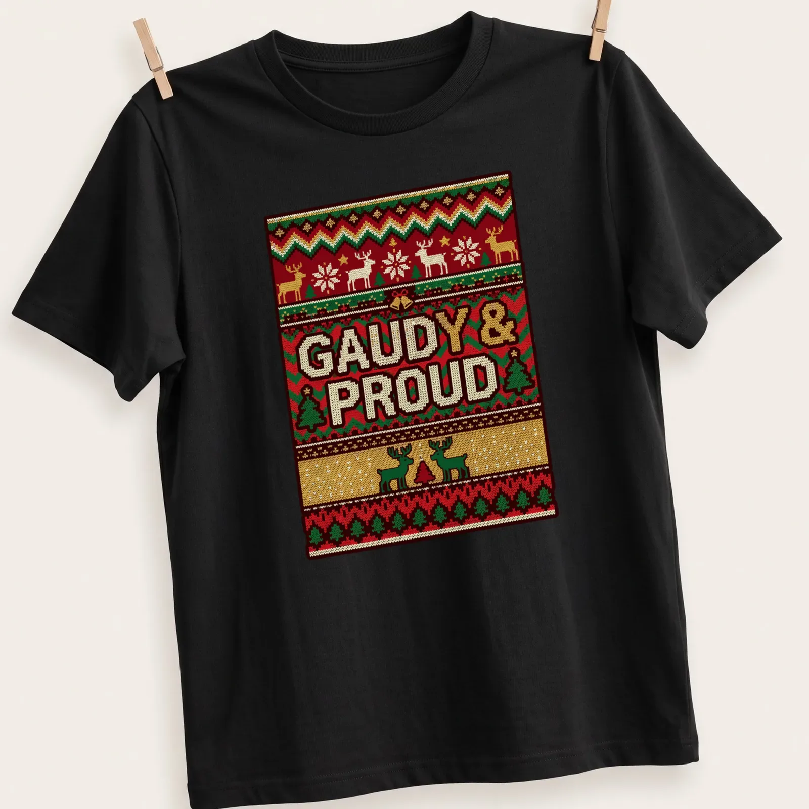 Christmas sweater pattern t-shirt featuring reindeer and trees with gaudy text — printed on a unisex t-shirt