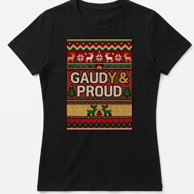 Christmas sweater pattern t-shirt featuring reindeer and trees with gaudy text — printed on a women's shirt