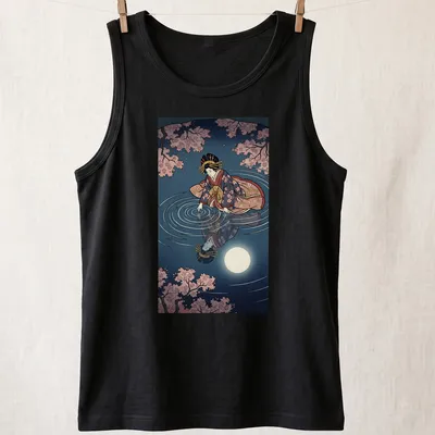 Ukiyo-e style illustration of a geisha reflecting in water under a full moon — printed on a tank top
