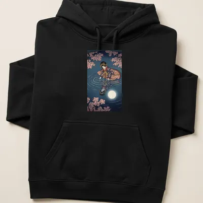 Ukiyo-e style illustration of a geisha reflecting in water under a full moon — printed on a unisex hoodie