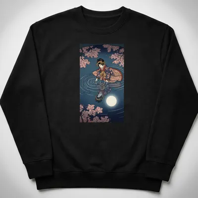 Ukiyo-e style illustration of a geisha reflecting in water under a full moon — printed on a unisex sweatshirt