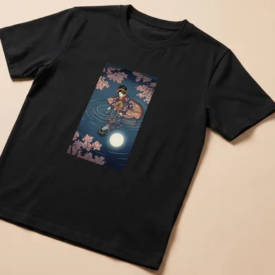 Ukiyo-e style illustration of a geisha reflecting in water under a full moon