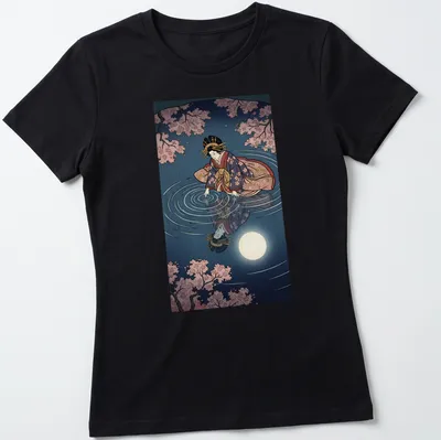 Ukiyo-e style illustration of a geisha reflecting in water under a full moon — printed on a women's shirt