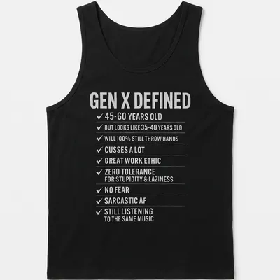 Retro vintage tee detailing traits of Generation X in bold text — printed on a tank top