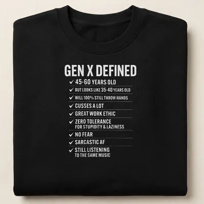 Retro vintage tee detailing traits of Generation X in bold text — printed on a unisex sweatshirt