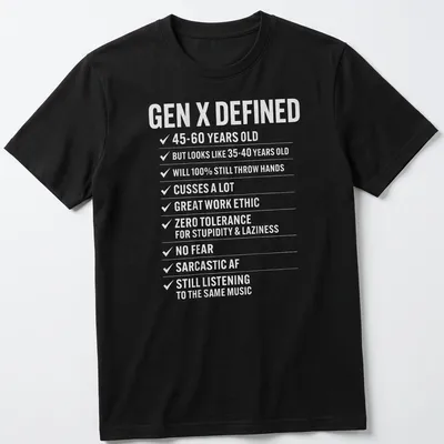 Retro vintage tee detailing traits of Generation X in bold text