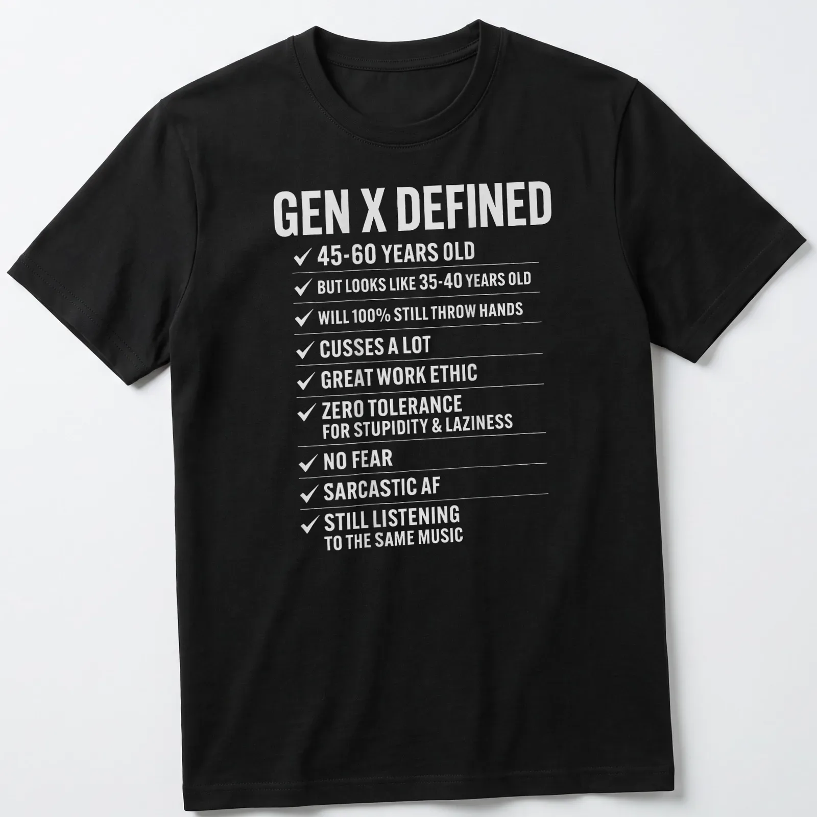 Retro vintage tee detailing traits of Generation X in bold text — printed on a unisex t-shirt