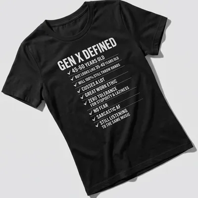 Retro vintage tee detailing traits of Generation X in bold text — printed on a women's shirt