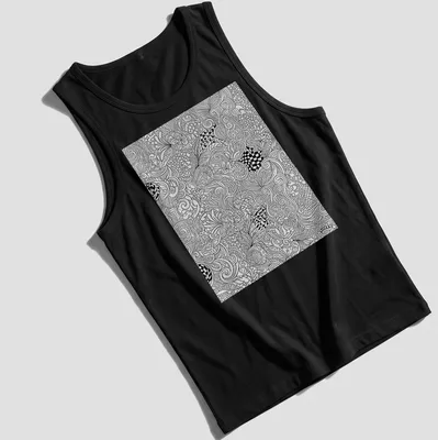 Intricate black and white line art decorative pattern — printed on a tank top