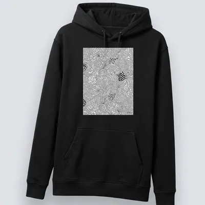 Intricate black and white line art decorative pattern — printed on a unisex hoodie