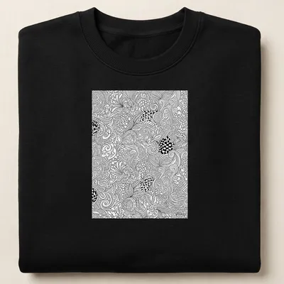 Intricate black and white line art decorative pattern — printed on a unisex sweatshirt