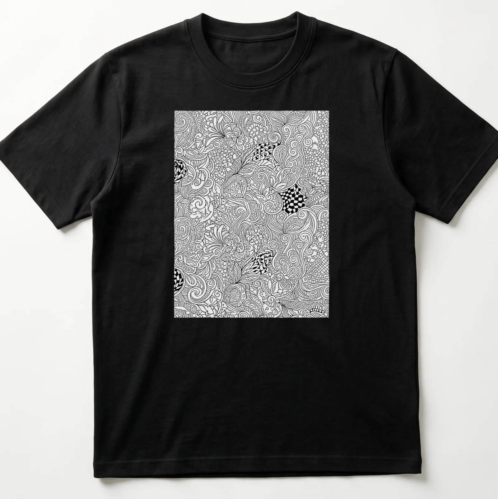 Intricate black and white line art decorative pattern — printed on a unisex t-shirt
