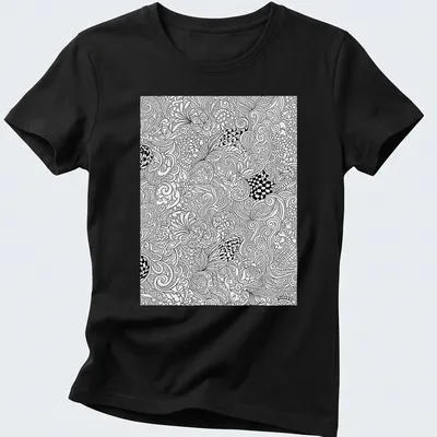 Intricate black and white line art decorative pattern — printed on a women's shirt