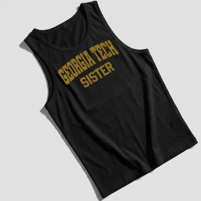 Bold Georgia Tech Sister t-shirt with collegiate lettering in gold and white — printed on a tank top