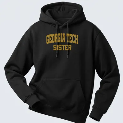 Bold Georgia Tech Sister t-shirt with collegiate lettering in gold and white — printed on a unisex hoodie