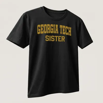 Bold Georgia Tech Sister t-shirt with collegiate lettering in gold and white — printed on a unisex t-shirt (angled view)