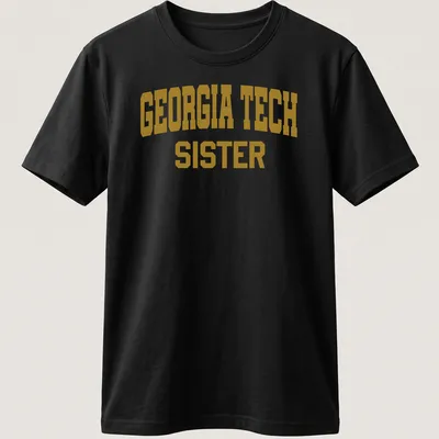 Bold Georgia Tech Sister t-shirt with collegiate lettering in gold and white