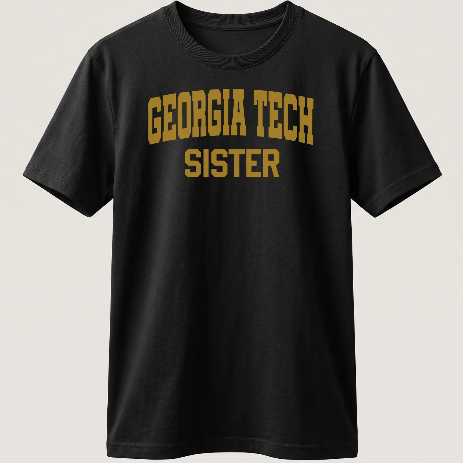 Bold Georgia Tech Sister t-shirt with collegiate lettering in gold and white — printed on a unisex t-shirt