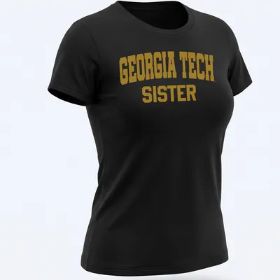 Bold Georgia Tech Sister t-shirt with collegiate lettering in gold and white — printed on a women's shirt