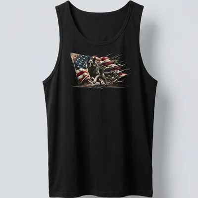 Illustration of a German Shepherd running through an American flag in red, blue, and cream. — printed on a tank top