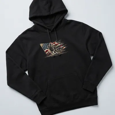 Illustration of a German Shepherd running through an American flag in red, blue, and cream. — printed on a unisex hoodie