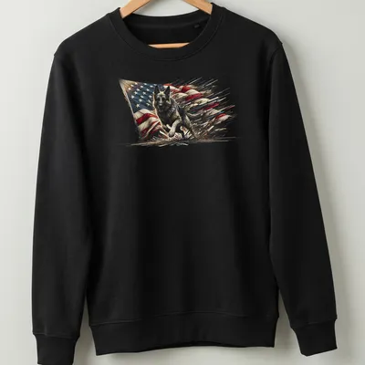 Illustration of a German Shepherd running through an American flag in red, blue, and cream. — printed on a unisex sweatshirt