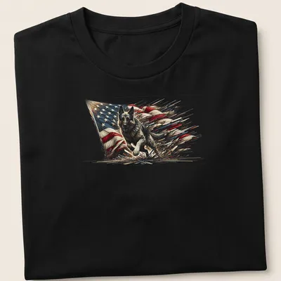 Illustration of a German Shepherd running through an American flag in red, blue, and cream.