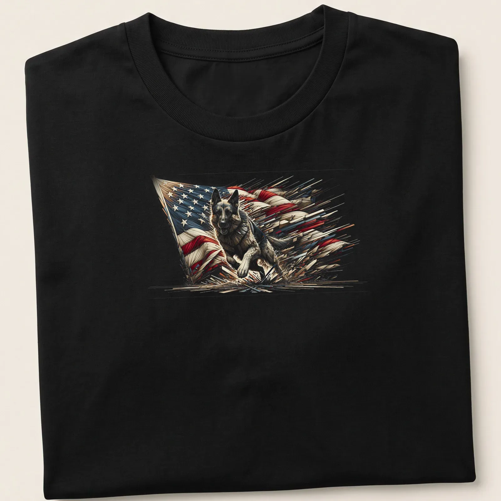 Illustration of a German Shepherd running through an American flag in red, blue, and cream. — printed on a unisex t-shirt