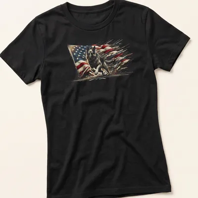 Illustration of a German Shepherd running through an American flag in red, blue, and cream. — printed on a women's shirt