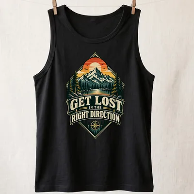 Retro hiking t-shirt with mountain landscape and inspirational text — printed on a tank top